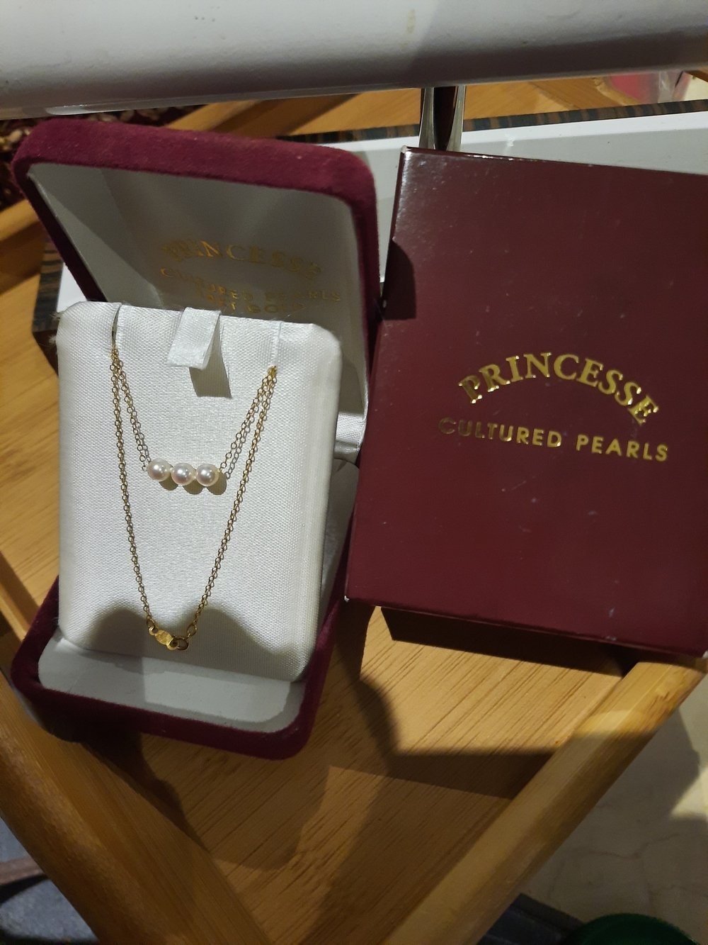 PRINCESSE Real Cultured Trinity Pearl Solid 14K Yellow Gold Necklace 16.5" Gift
